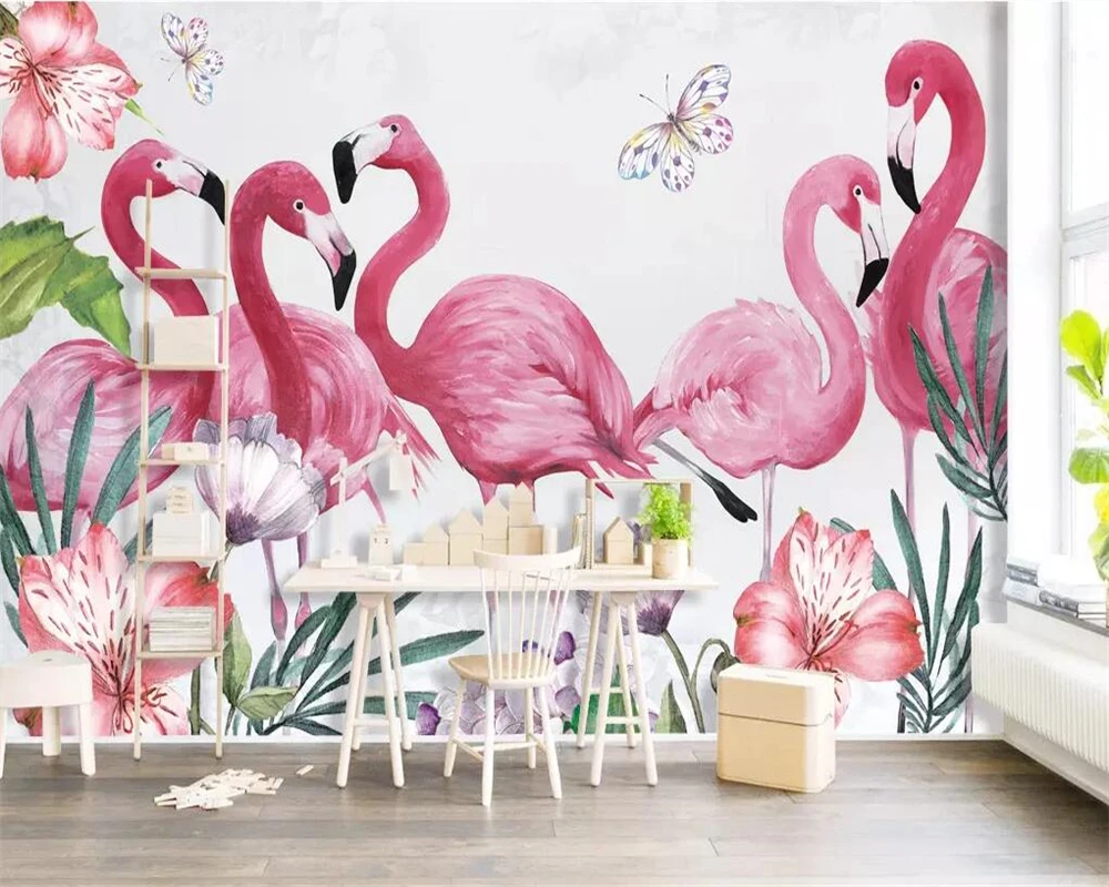 

Beibehang Custom children's room background wall 3d wallpaper Nordic modern Hand Painted Flamingo butterfly Photo 3d wallpaper