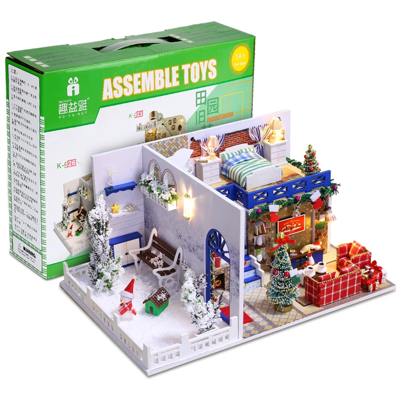 Синяя Рождественская кукла дом миниатюрная сцена деревянная головоломка DIY