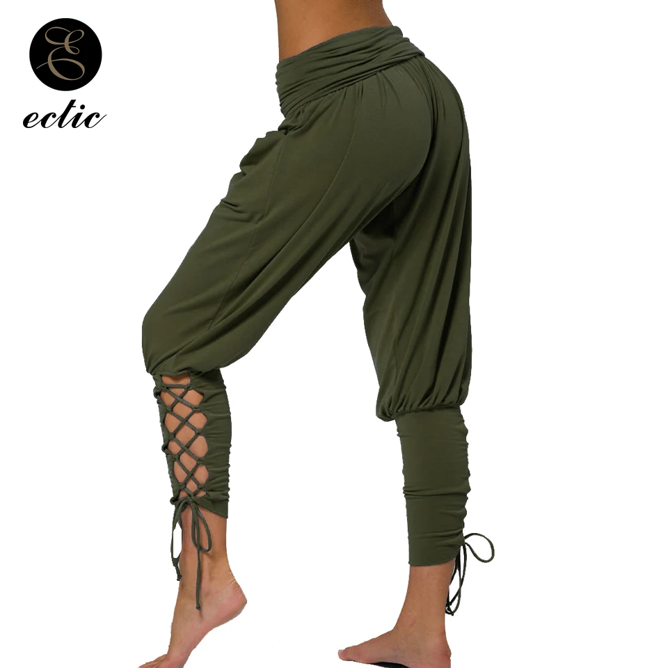 Cropped Leggings Pantacourt Femme Satin Harem Pants Casual Bandage Crisscross Leggings Women Wide Leg Wrinkled Ruched Leggings