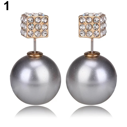 Womens Ladies Double Sides Faux Pearls Square Rhinestones Ear Studs Creative Earrings 4TJ5 | Украшения и аксессуары