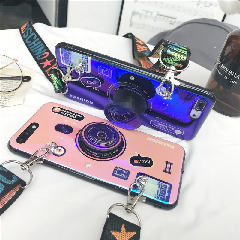 3D камера стиль Мягкий ТПУ чехол с ремешком и кронштейном для iPhone X XR XS Max 6 6S 7 8 Plus 5 5S