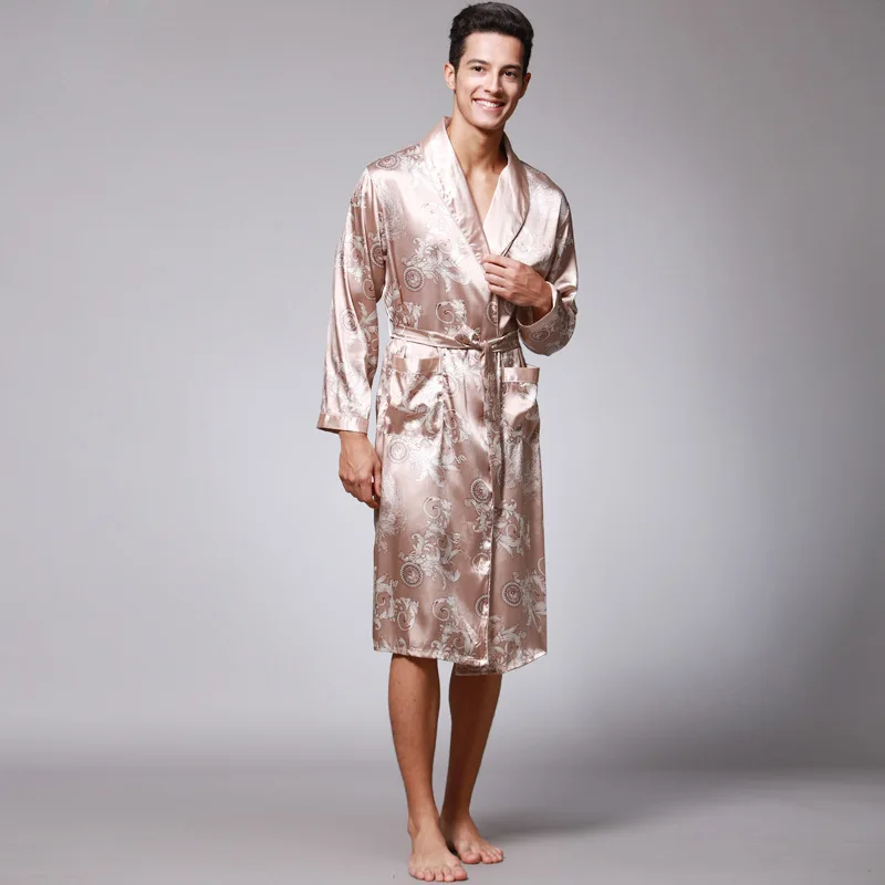 RB0127 Men Robe Soft Nightwear Satin Silk Sleepwear Male Dragon Print Bathrobe Long Sleeve Pijama V Neck Night Robe Brand Pyjama
