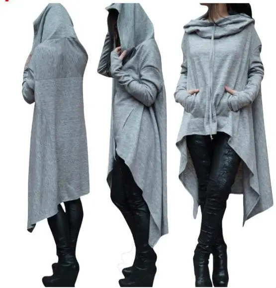 Женские Oversize с капюшоном длинным рукавом Твердые Карманы джемпер АСИММЕТРИЧНЫМ
