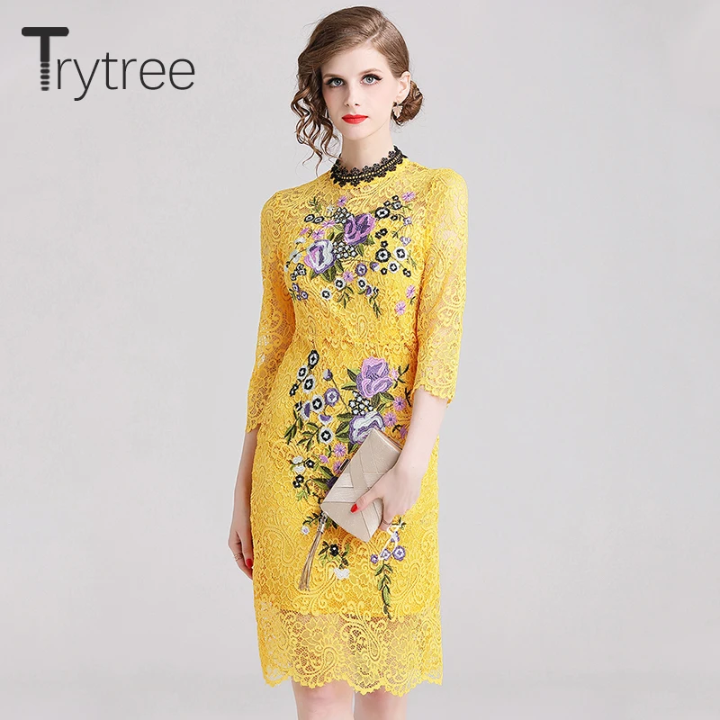 Женское кружевное платье футляр Trytree желтое Повседневное до колена с цветочной