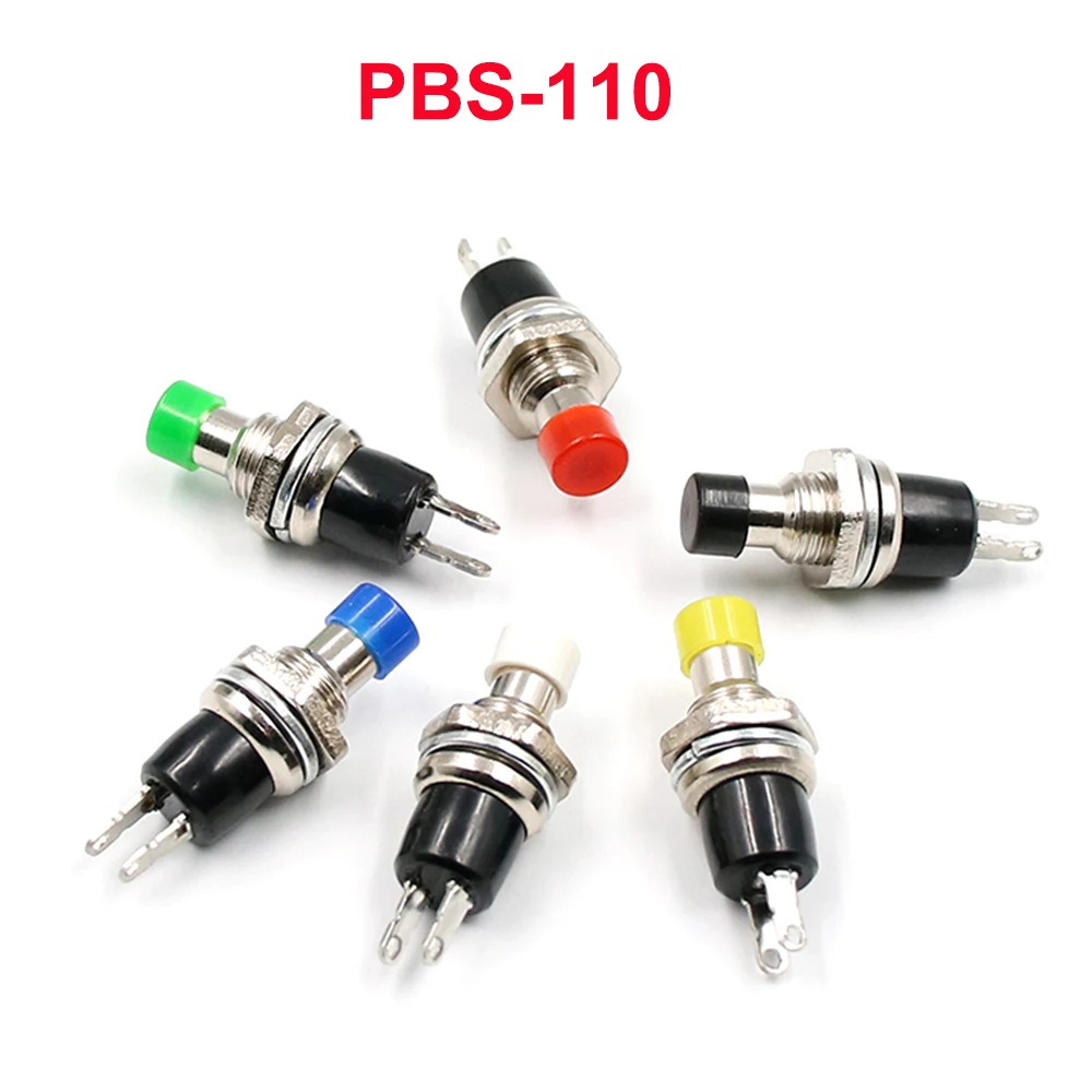 

10PCS 7mm Thread Multicolor 2 Pins Momentary Push Button Switch PBS-110 Red Black White Blue Yellow Green Lockless Reset ON/OFF