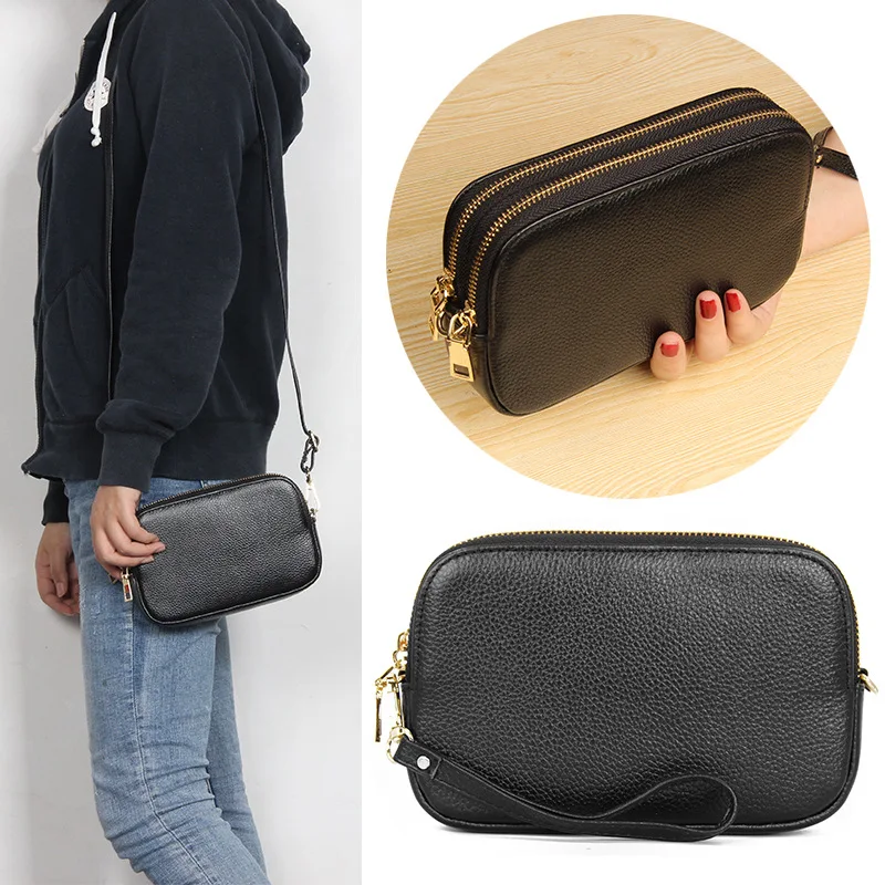 

Genuine Leather Crossbody Bags for Women Double Zipper Shoulder Messenger Bag Ladies Fashion Purses and Handbags Designer Clutch