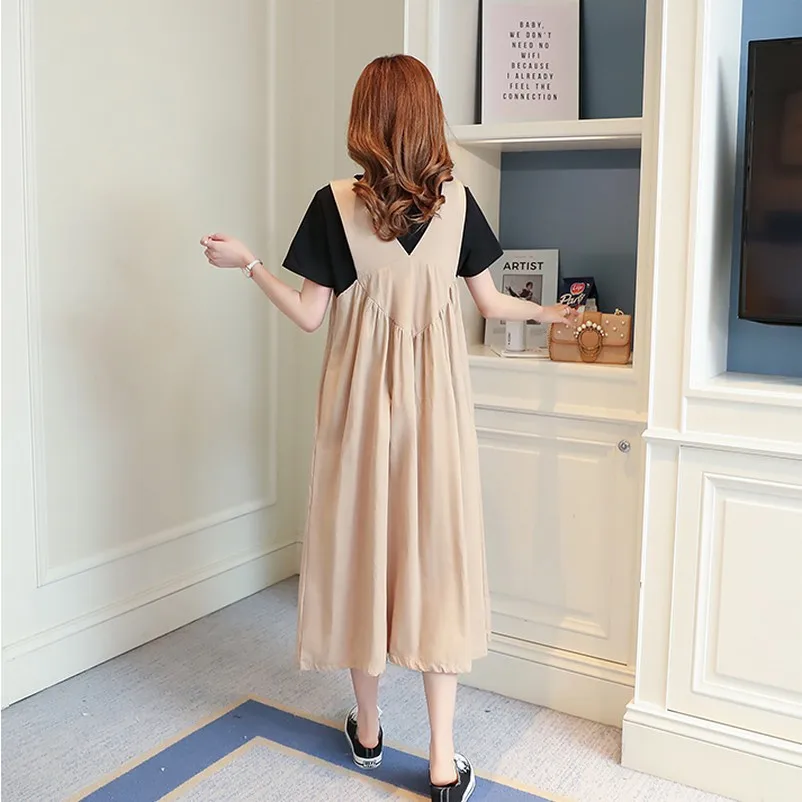 

Summer Maternity Dress Tide Mom Strap Dress Loose Solid Color Pregnant Women Strap Dress + Short-Sleeved T-Shirt Pregnancy