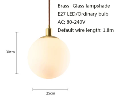 C D25cm H30cm Скандинавский минималистичный латунный подвесной светильник E27 светодиодный одноголовый стеклянный шар подвесной светильник для кухни гостиной прикроватной тумбочки ванной комнаты отеля - Цвет корпуса: C D25cm H30cm