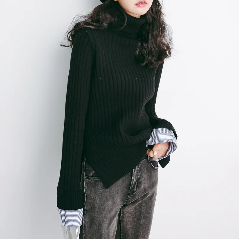 Women Turtleneck Sweater Fall Winter Knitted Jumper With Shirt Cuffs Black | Женская одежда