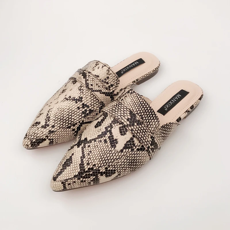 Мюли женские со змеиным принтом летние сандалии на плоской подошве без застежки