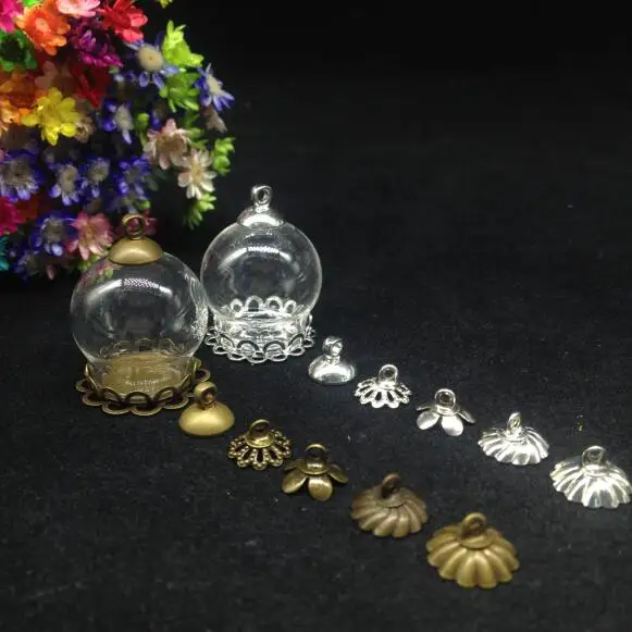 5pcs 20*15mm mini Glass globe double lace tray 8mm cap glass vials pendant glass wishing bottle glass dome cover diy necklace