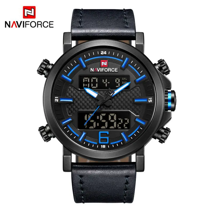 BLACK BLUE NAVIFORCE спортивные мужские часы Лидирующий бренд Luxuxry кварцевые светодиодный цифровые часы водонепроницаемые военные кожаные часы с двойным РЕМЕШКОМ НАРУЧНЫЕ ЧАСЫ - Цвет: BLACK BLUE