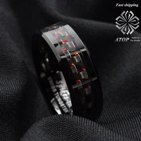 mens tungsten ring with carbon fiber 8mm black and red mens wedding band free shipping