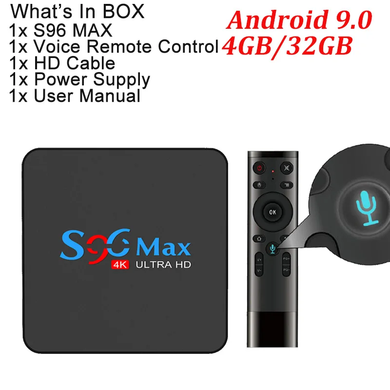 TV BOX Voice remote Android 9,0 Smart tv BOX 4 ГБ 32 ГБ S96 MAX ТВ приставка RK3318 2,4G/5G двойной wifi BT4.1 4K медиаплеер ТВ приемник PK X96 - Цвет: TV BOX Voice remote