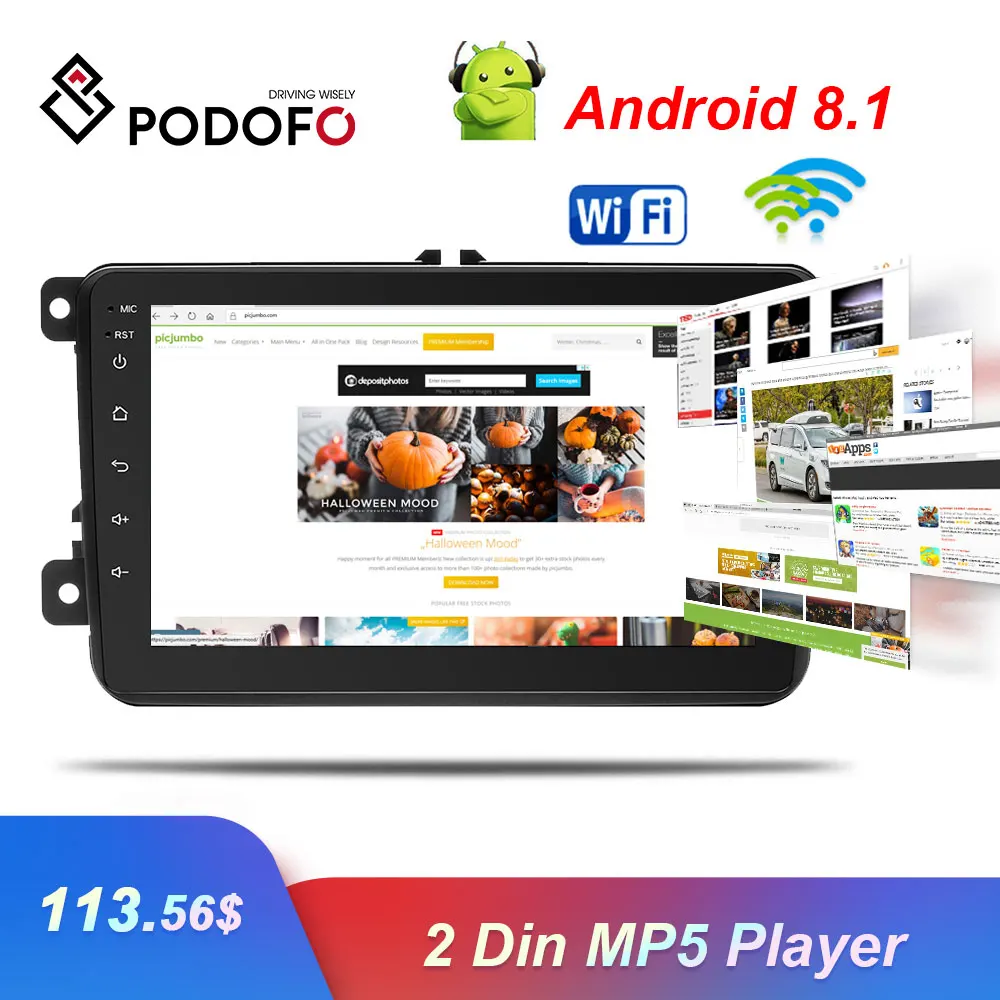 Podofo Android 8 1 автомобильное радио 2 Din GPS навигация MP5 мультимедийный плеер Bluetooth Wifi
