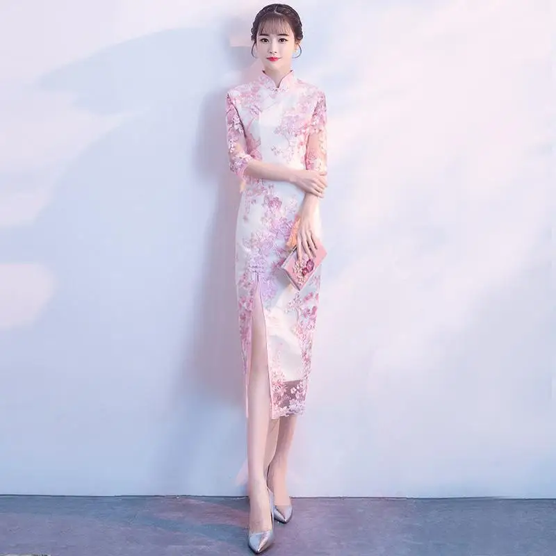 Свадебное платье Cheongsam, Восточное вечернее платье, китайское традиционное женское элегантное платье Qipao, сексуальное длинное платье в стиле ретро, размеры s, m, l, xl, XXL - Цвет: Серый
