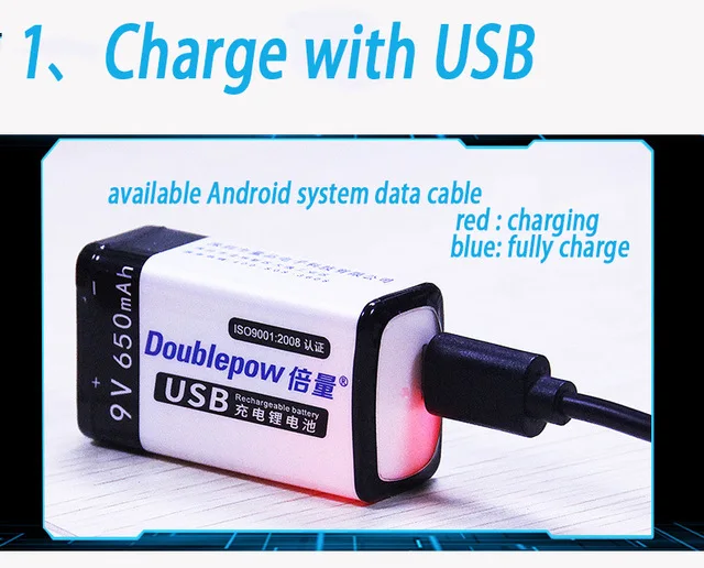 1 шт. Оригинальный USB аккумулятор doublepow 6F22 9 В 650 мА · ч с беспроводным