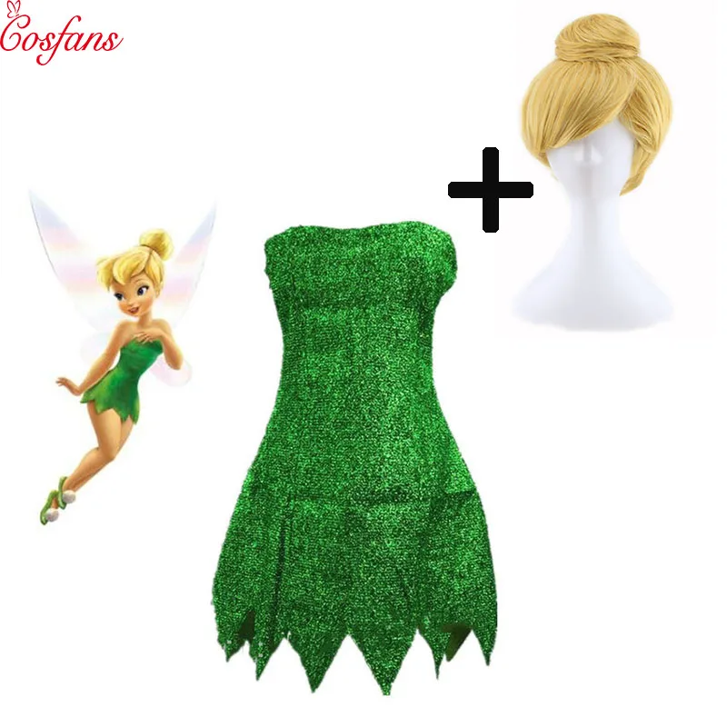 New Pixie Fairy Cosplay Costume Tinker Bell Green adult Dress Tinkerbell Halloween Party Sexy Cosplay Mini Dresses With Wig