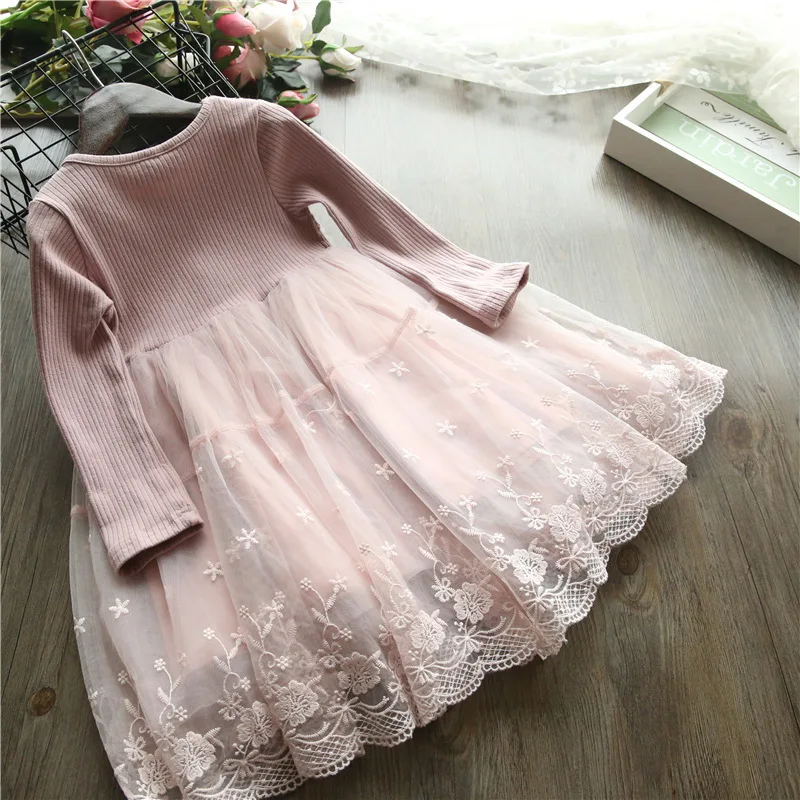 Girls Christmas Flower Lace Long Sleeve Dress Kids Clothes For Baby Princess Spring Autumn Party Gown Children Wedding Wear 2-7Y | Детская