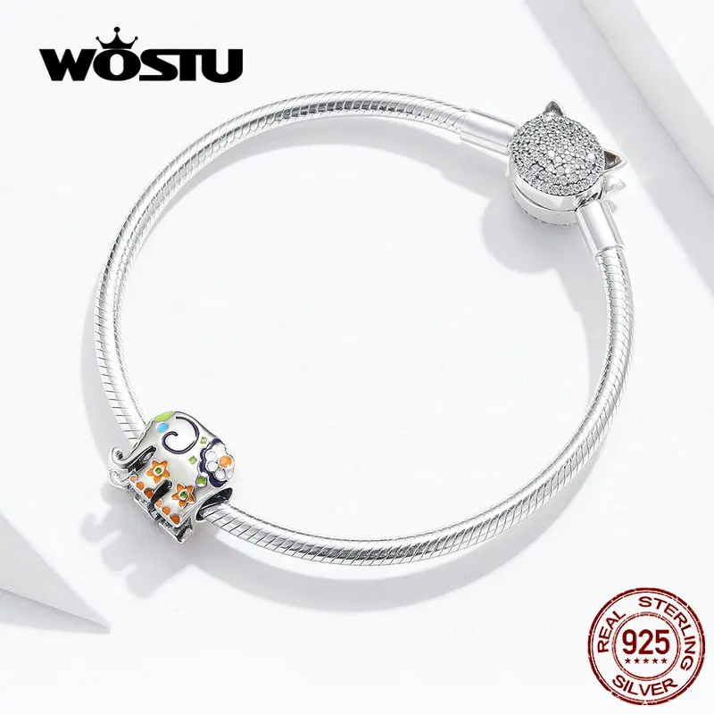 WOSTU 925 Sterling Silver Colorful Happy Elephant Beads Enamel Charms Fit Original Bracelet Pendant Fashion Jewelry Gift FNC095 | Украшения