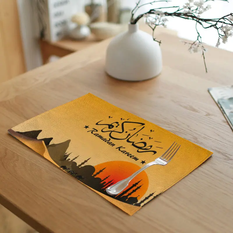 2 Eid Mubarak Ramadan Салфетка льняная 42*32 см принт кафе креативные подложки под столовые приборы мусульманское домашнее украшение кухонного стола скатерть - Цвет: 2