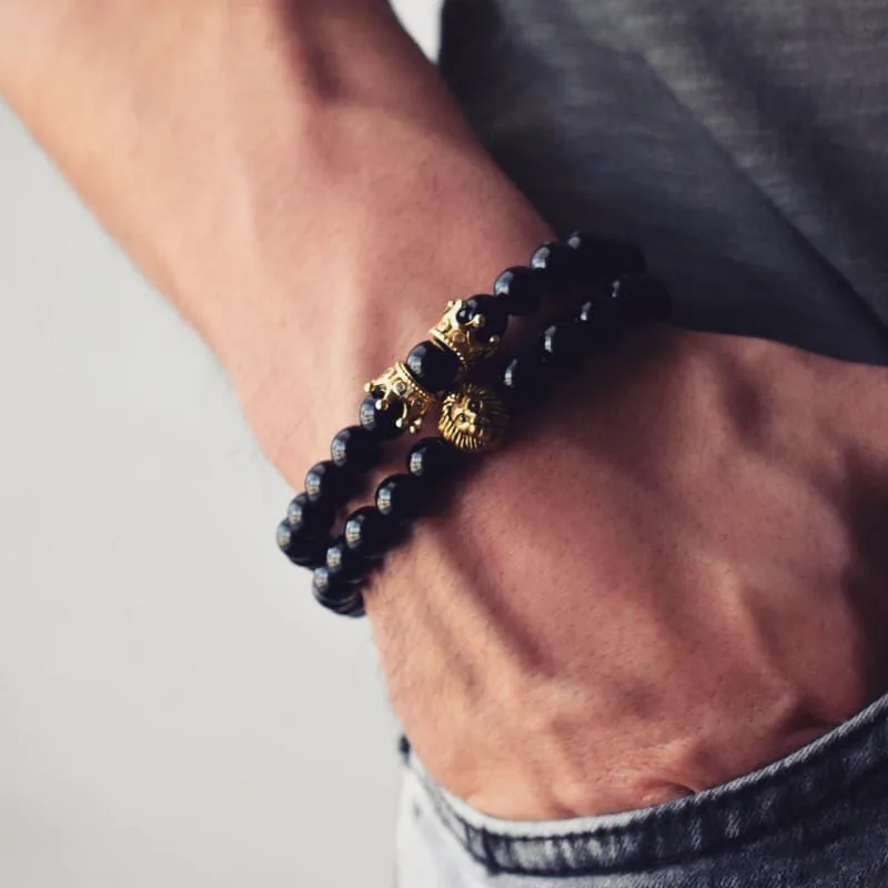 CAIYLAAM Fashion Jewelry Ancient Gold Lion Head Shape Bracelet Sets for Men Vintage Style Beads Bracelets 2 Pcs/Set For Women | Украшения и