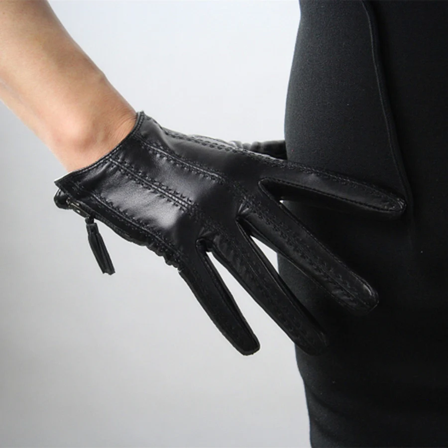 Fashion Hot Touch Screen Gloves Real Leather Imported Goatskin Tassel Zipper Short Black Female Models