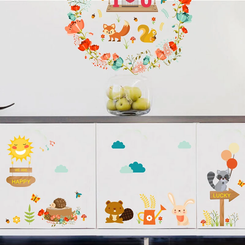 

Jungle Wild Forest Animals Squirrel Rabbit Floral Wall Stickers Kid Room Children Nursery Room Wall Decal Pvc Bathroom Decor