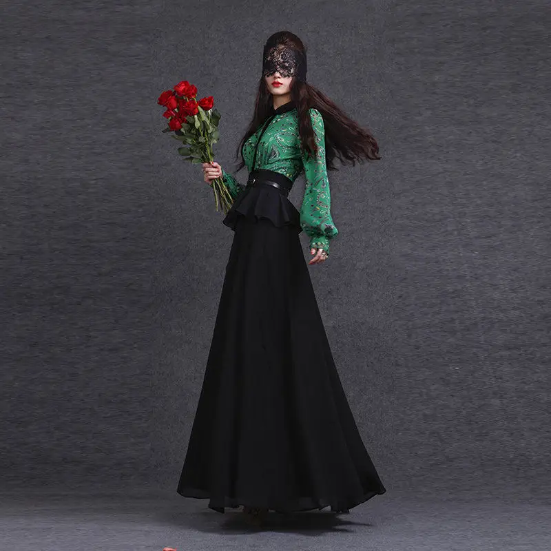 Женская шифоновая юбка с баской длинная винтажная макси в стиле ретро завышенной