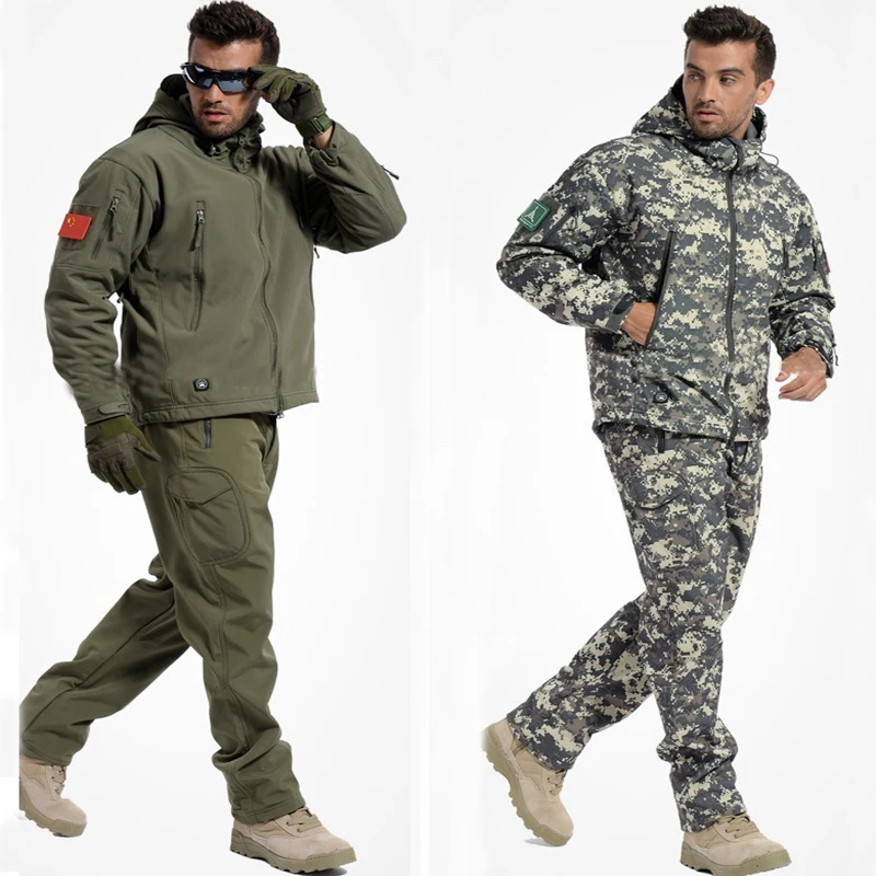 Одежда для охоты, для улицы, из кожи акулы, софтшелл, тактическая, Millitary, камуфляжная куртка, костюм, Мужская водонепроницаемая куртка или штаны