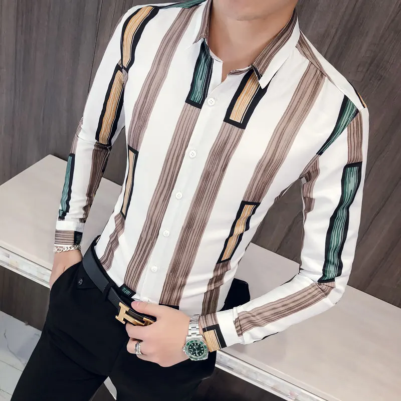 Мужская полосатая рубашка с длинным рукавом модные Необычные Camisa Social Masculina