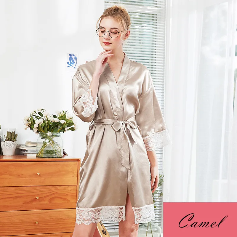 Camel Халат атласный шелк ночная рубашка Леди кружева с пятью рукавами шелк домашняя ночная рубашка мягкое колено невесты утренний Запуск вискоза длинная ночная рубашка - Цвет: Camel