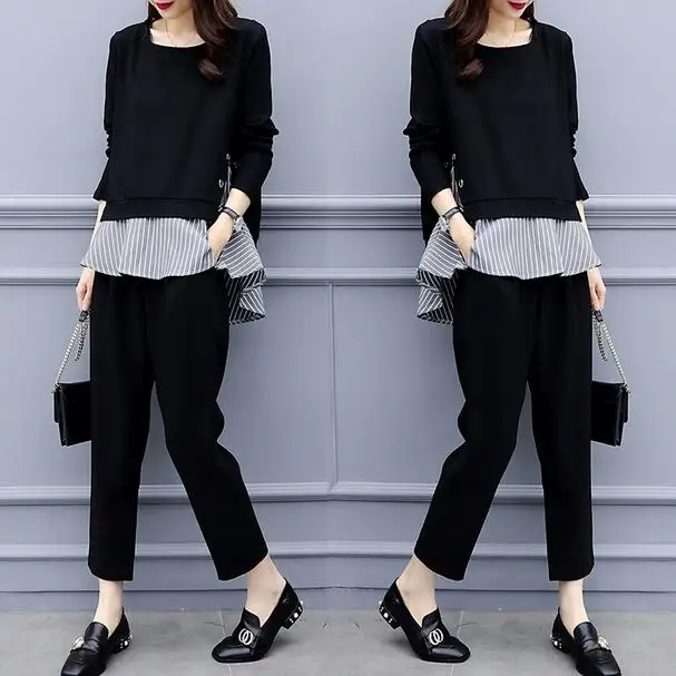 Женский офисный костюм в полоску черный комплект из двух предметов