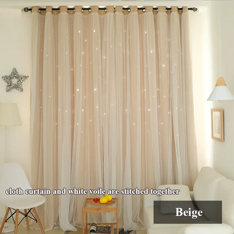 beige JIANIW полый Звездный теплоизолированный затемненный занавес s для гостиной, спальни, оконные шторы, занавески, Прошитые белой вуалью - Цвет: beige