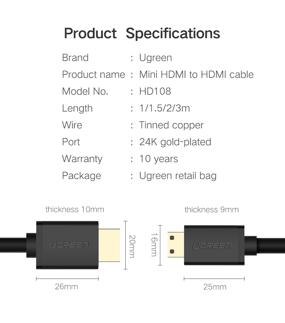 Ugreen высококачественный мини-hdmi HDMI кабель 1 м 2 м 3 м Папа-папа 2,0 в HDMI кабель 4 к 3D для планшета видеокамеры MP4 Mini HDMI кабель