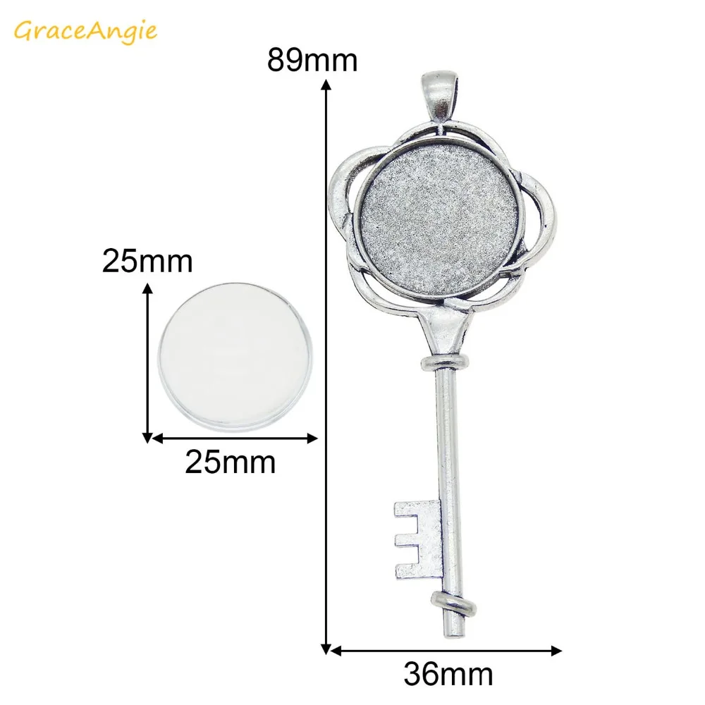 GraceAngie Antique Silver Flower key shape Cabochon Pendant Alloy Charms with Glass Cameo For DIY Necklace Making Findings | Украшения и