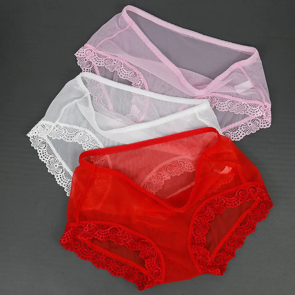 pink white red 3 шт., женские трусики, сексуальные сетчатые кружевные трусы, полностью прозрачное женское нижнее белье, Ультра тонкое нижнее белье со средней посадкой, Бесшовные дышащие трусики - Цвет: pink white red