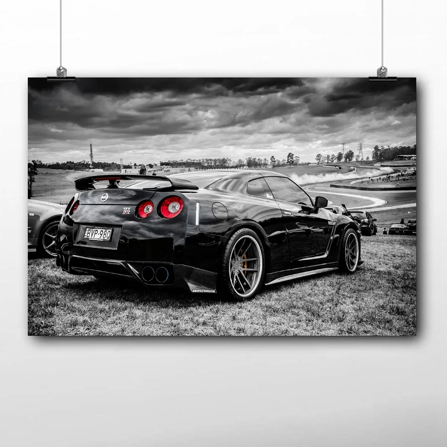 Черно Белая Стена Картина с принтом Тачки Nissan GT R спортивный Плакаты и