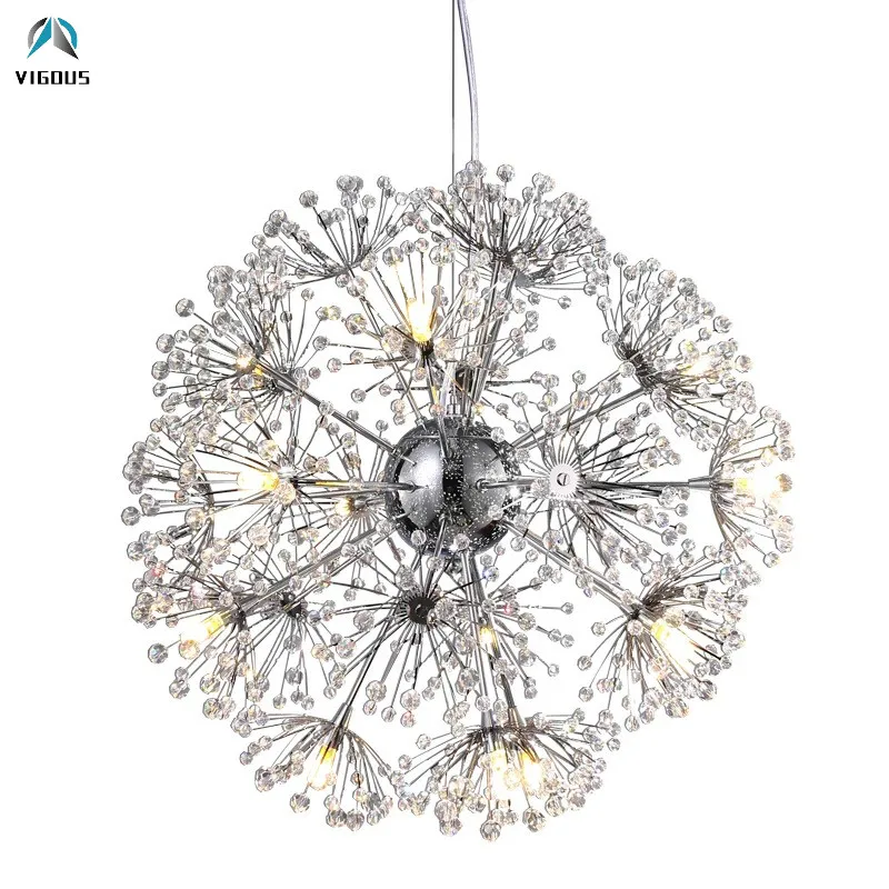 

Round Dandelion G4 Led Pendant Light Lustre Chrome Metal Pendant Lamp Acrylic Flowers Handing Lamp for Living Room