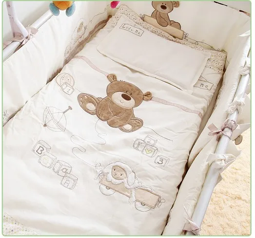 

7PCS Embroidery Cotton Baby Bedding Set Cartoon cama infantil Crib Bedding Detachable Cot Quilt ,(bumpers+duvet+sheet+pillow)