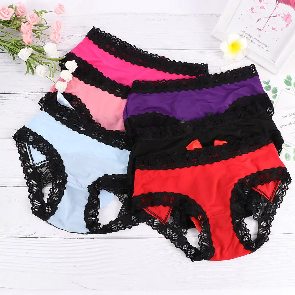

Sexy Women Open Butt Lace Bowknot Sexy Lingerie Panties Semi Crotchless Knickers Briefs Temptation Underwear for Ladies