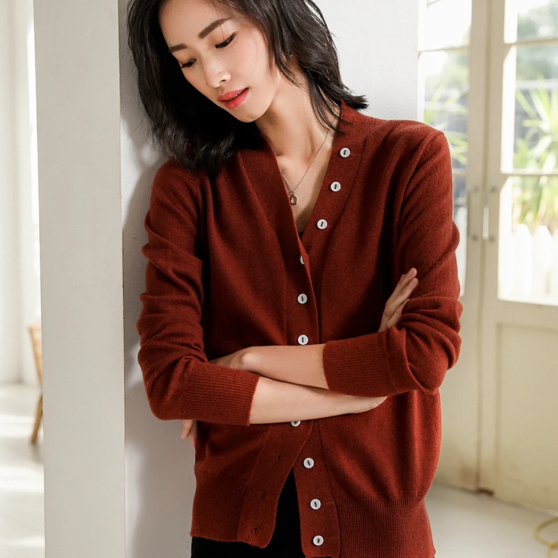 Women's Long Sleeve Knitted Cashmere Cardigan Sweater Ladies Autumn V-Neck Solid Cardigans Female Fashion Trendy Tops Beige grey |