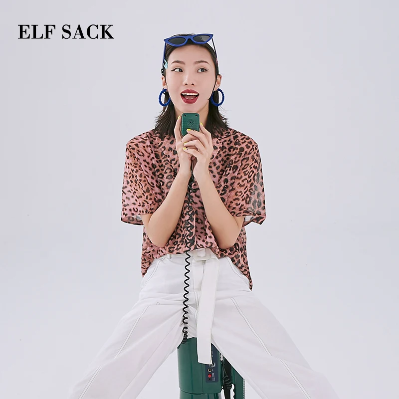 Женская леопардовая шифоновая рубашка ELF SACK Розовая летняя свободная блузка для