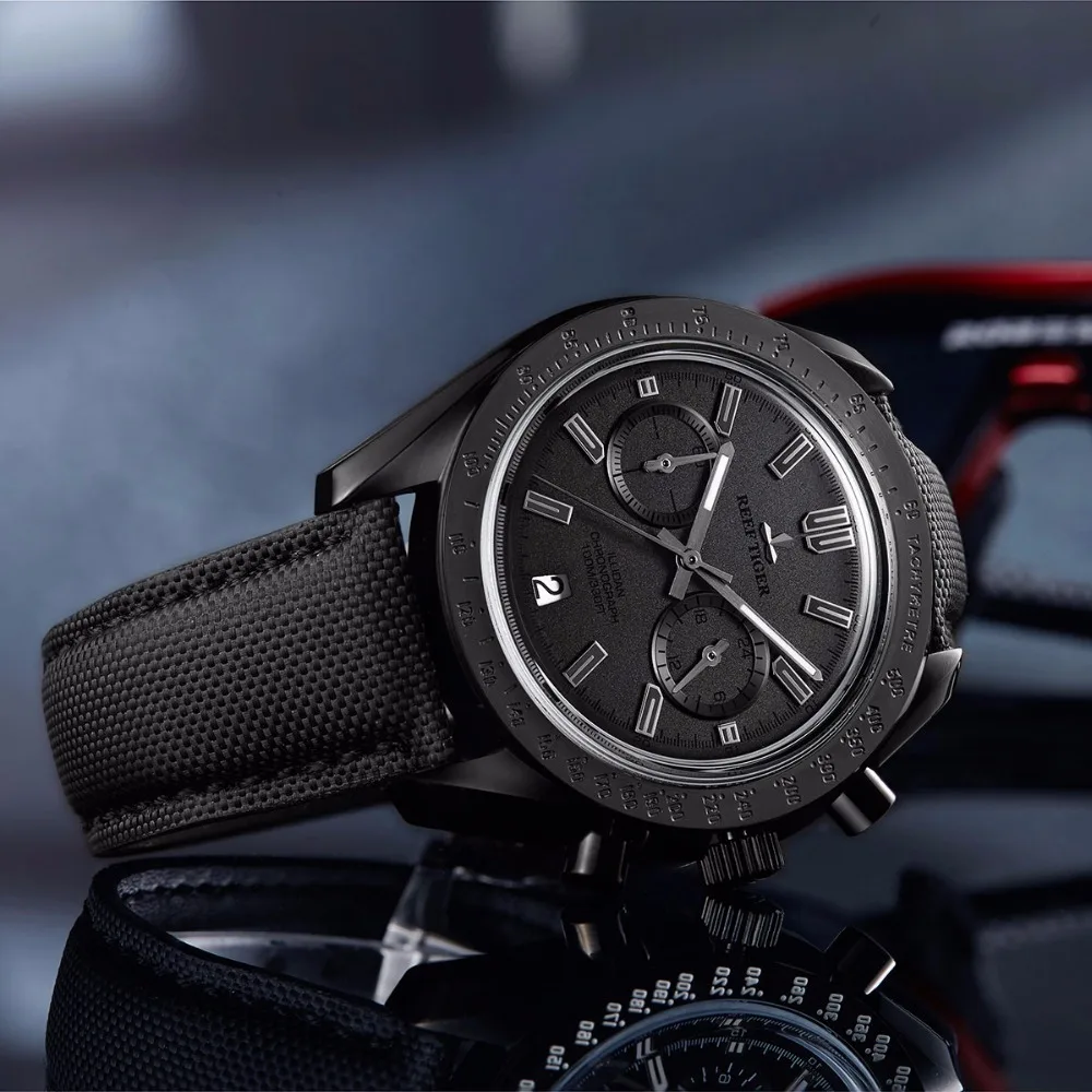 2019 Reef Tiger/RT Mens Designer Chronograph Watch Nylon Strap Luminous Sport Male Black Pilot Watches Relogio Masculino RGA3033 | Наручные