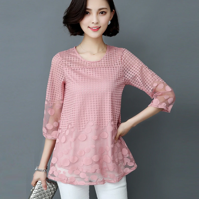

New 2020 Women Elegant Dot Blouse Tops Chiffon Three Quarter Sleeve Female Loose Hollow Out Mesh Transparent Shirt Big Size O145