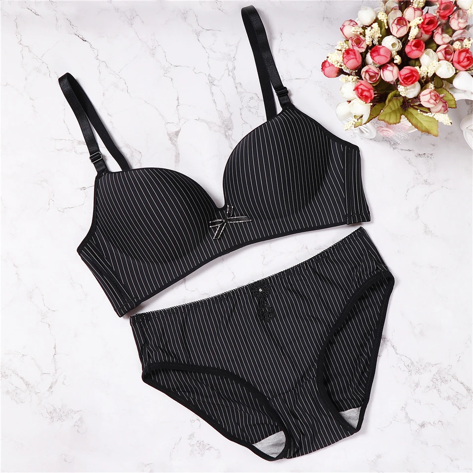 2018 women's underwear set push up wire free soft bow lingerie seamless breathable stripes bra and panties | Женская одежда