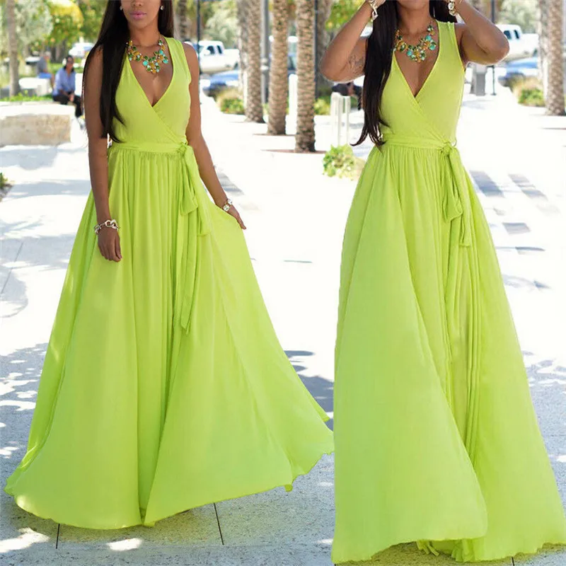 Women Boho Solid Long Maxi Dress Sexy V Neck Sleeveless Beach Vestido Side Split Elegant Party Loose Summer Sundress | Женская одежда