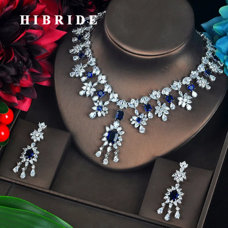 

HIBRIDE Luxury Clear And Blue Full Cubic Zircon Pendientes Jewelry Set Cluster Tassel Brincos Bijoux Party Necklace Set N-630