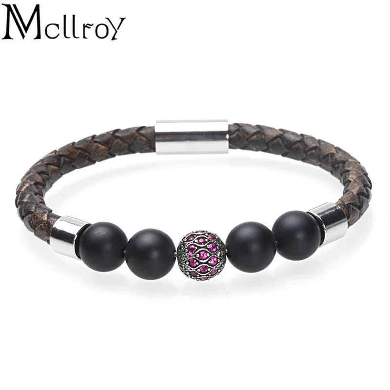 Мужской браслет/панк/Рок/Череп/CZ/воловья кожа/нержавеющая сталь/натуральный