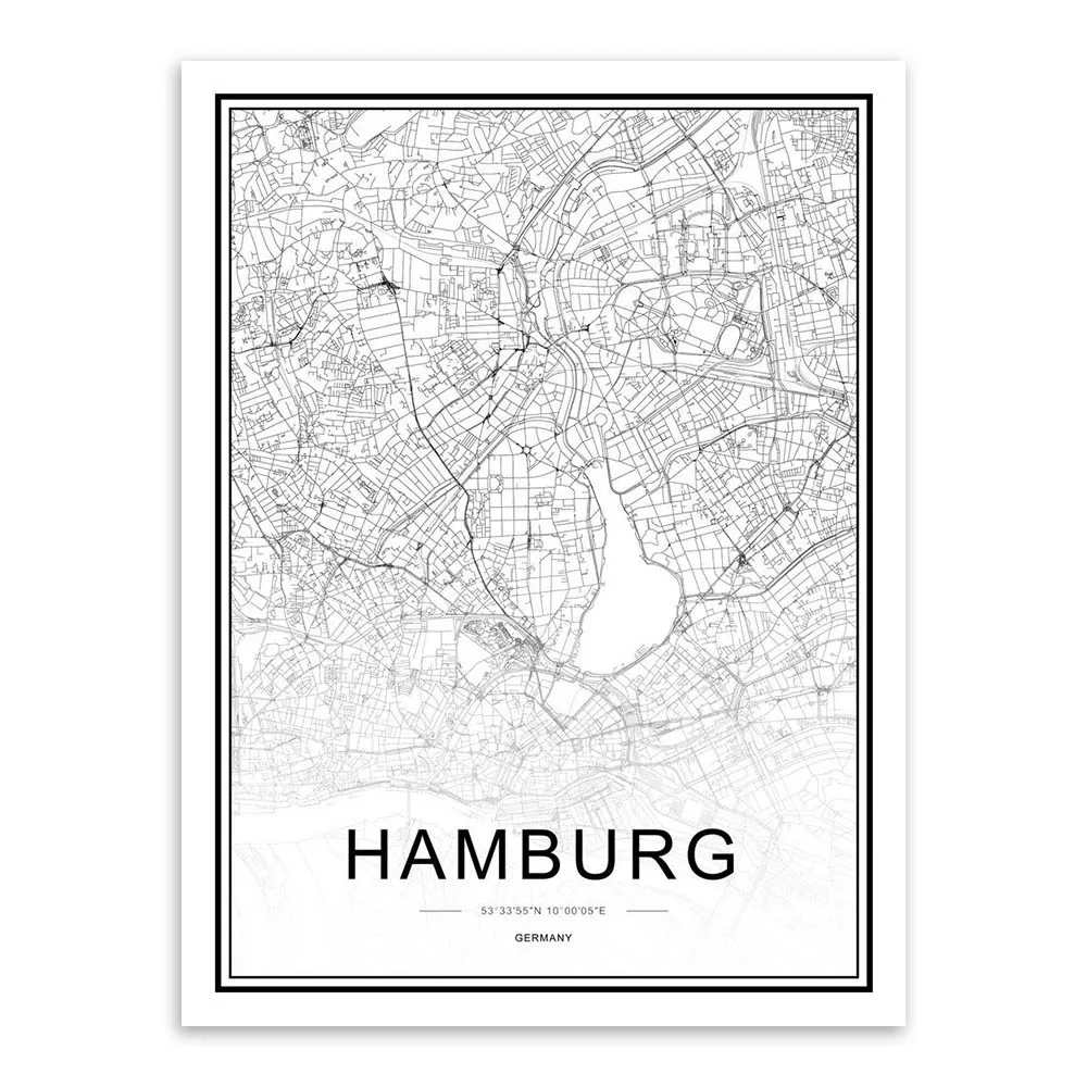 Hamburg Черно-белые карты мира, города, шёлка, постеры, принты в скандинавском стиле, для гостиной, настенные художественные картины, Декор, холст, живопись - Цвет: Hamburg